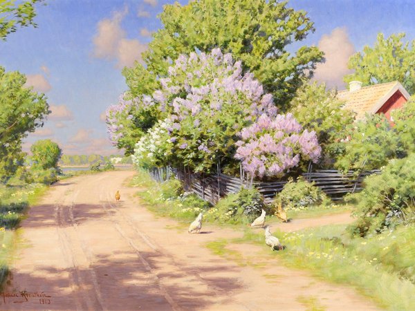 Johan Krouthen, деревня, дом, дорога, забор, картина, крыши, куры, кусты, пейзаж, плетень, сирень, тень, цветы