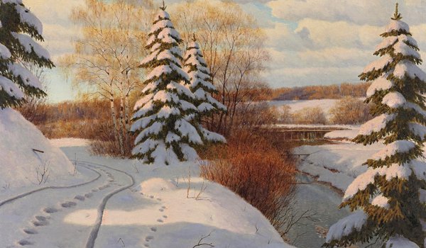 Обои на рабочий стол: берег, берёзы, Борис Бессонов, деревья, елки, зима, картина, пейзаж, река, следы, снег