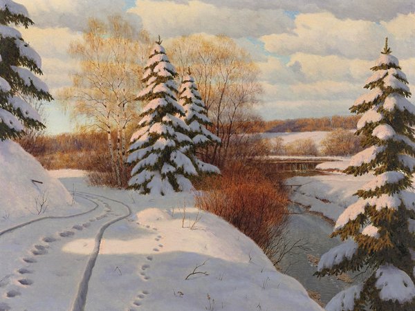 берег, берёзы, Борис Бессонов, деревья, елки, зима, картина, пейзаж, река, следы, снег