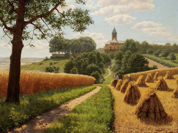 Борис Бессонов, деревья, дома, картина, небо, облака, пейзаж, поле, пшеница, свет, снопы, тропинка