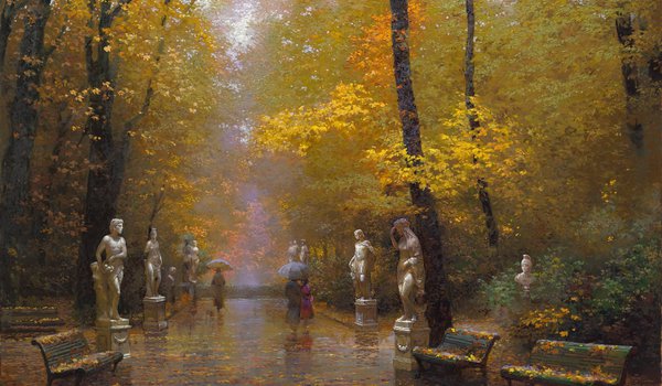 Обои на рабочий стол: арт, Виктор Низовцев, деревья, дождь, золотая, зонты, картина, листопад, осень, парк, пейзаж, прогулка, скамейки, статуи