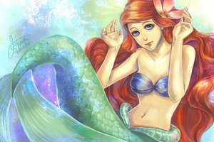 Обои на рабочий стол: Ariel, joshua, The little mermaid, арт, девушка, русалочка, цветок