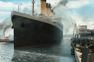 Обои на рабочий стол: Titanic, Буксиры, лайнер, люди, Отход, пассажирский, причал, рисунок, Титаник