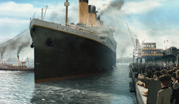 Обои на рабочий стол: Titanic, Буксиры, лайнер, люди, Отход, пассажирский, причал, рисунок, Титаник