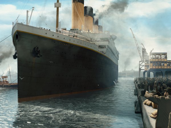 Titanic, Буксиры, лайнер, люди, Отход, пассажирский, причал, рисунок, Титаник