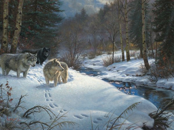 Mark Keathley, Valley of Shadows, вечер, волки, живопись, животные, зима, лес, ручей, юрты