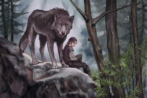 Обои на рабочий стол: Arya Stark, game of thrones, Nymeria, арт, волк, деревья, живопись, животное, лес, листья, хищник