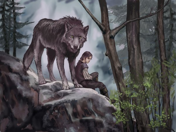 Arya Stark, game of thrones, Nymeria, арт, волк, деревья, живопись, животное, лес, листья, хищник
