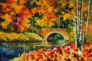 Обои на рабочий стол: leonid afremov, вода, деревья, живопись, листья, мост, осень, речка