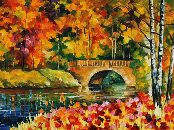 leonid afremov, вода, деревья, живопись, листья, мост, осень, речка