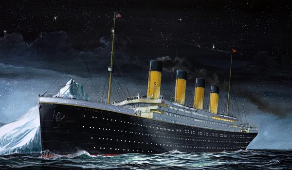 Обои на рабочий стол: RMS Titanic, Titanic, айсберг, лайнер, Момент, море, на Ходу, небо, ночь, Пассажирское судно, рисунок, судно, Титаник