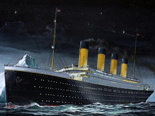 RMS Titanic, Titanic, айсберг, лайнер, Момент, море, на Ходу, небо, ночь, Пассажирское судно, рисунок, судно, Титаник