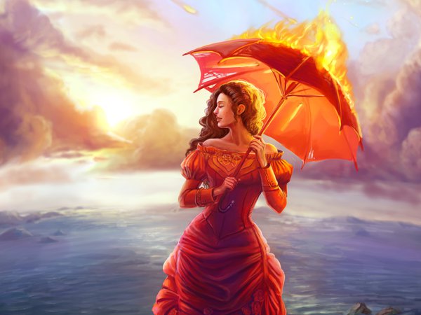 арт, волосы, девушка, живопись, зонтик, красное платье, лицо, море, огонь, профиль, тучи