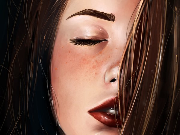 art, Gabrielle Ragusi, арт, веснушки, волосы, губы, живопись, крупным планом, лицо