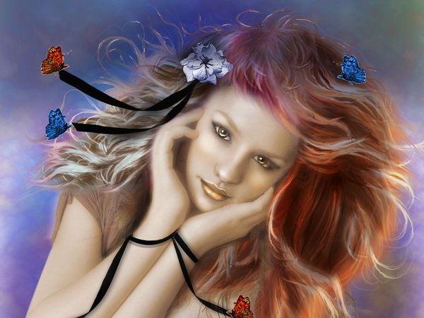 арт, бабочки, взгляд, волосы, девушка, живопись, ленточки, лицо, руки, фон, цветок