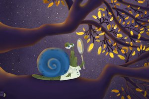 Обои на рабочий стол: 4k ultra hd background, animals, art, branches, digital art, funny, illustration, leaves, magnifier, magnifying glass, painting, snail, yellow