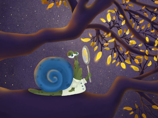 4k ultra hd background, animals, art, branches, digital art, funny, illustration, leaves, magnifier, magnifying glass, painting, snail, yellow