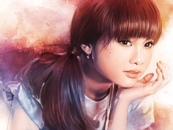 Rainie Yang, арт, взгляд, волосы, глаза, девушка, живопись, лицо, рука, серьги, хвостик