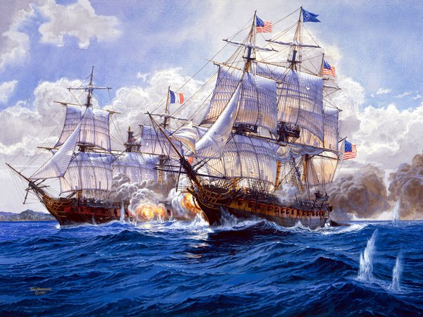 High Sea's Diplomacy, painting, Tom Freeman., арт, бой, взрывы, воде, всплески, залпы, корабли, морской, на, орудий, флот, художник