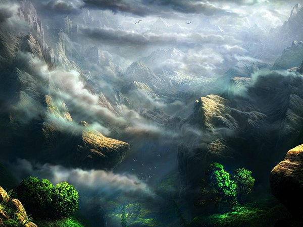 Fel-X, арт, высота, горы, деревья, зелень, облака, скалы