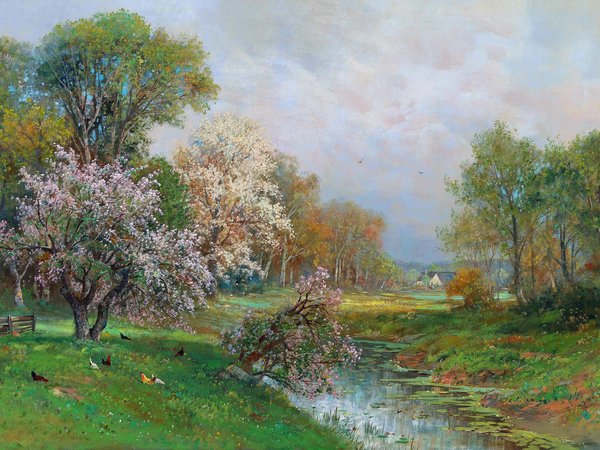 Alois Arnegger, Австрийский живописец, Алоис Арнеггер, Весенний пейзаж, деревья, дома, картина, ручей