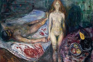 Обои на рабочий стол: Edvard Munch, голые, двое, женщина, картина, кровь, Марат, мужчина, Норвежский живописец, Обнажены, Смерть Марата, Эдвард Мунк