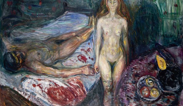 Обои на рабочий стол: Edvard Munch, голые, двое, женщина, картина, кровь, Марат, мужчина, Норвежский живописец, Обнажены, Смерть Марата, Эдвард Мунк