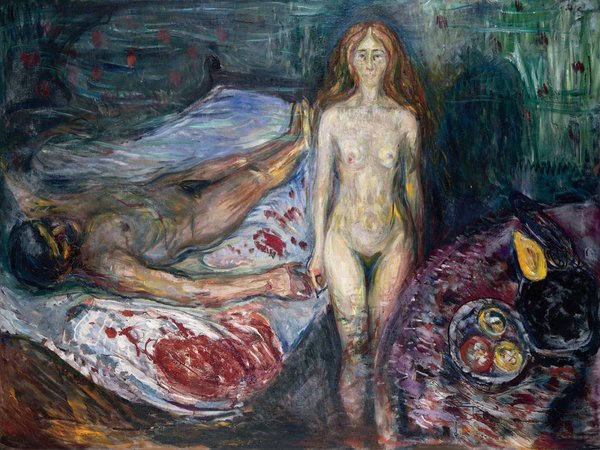 Edvard Munch, голые, двое, женщина, картина, кровь, Марат, мужчина, Норвежский живописец, Обнажены, Смерть Марата, Эдвард Мунк