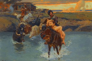 Обои на рабочий стол: Franz Roubaud, девушка, Казаки, картина, коровы, лошади, Похищение. Франц Рубо, речка, Русский художник-баталист