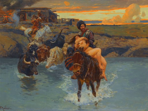 Franz Roubaud, девушка, Казаки, картина, коровы, лошади, Похищение. Франц Рубо, речка, Русский художник-баталист
