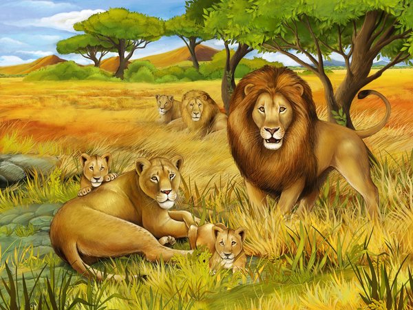 зверей, король, лев, львица, львята