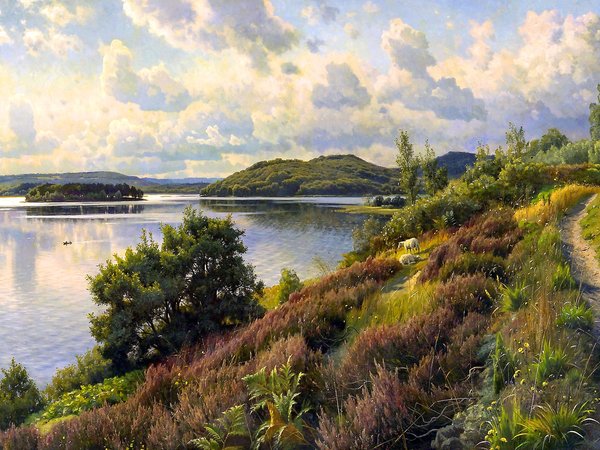 Peder Mørk Mønsted, Вид на Борресо в сторону Химмельбьергета, вода, Датский живописец, картина, Петер Мёрк Мёнстед, трава, тучи, холмы
