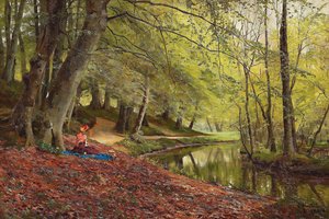 Обои на рабочий стол: Peder Mørk Mønsted, Датский живописец, деревья, женщина, картина, Петер Мёрк Мёнстед, Пикник в лесу, речка