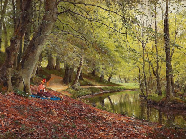 Peder Mørk Mønsted, Датский живописец, деревья, женщина, картина, Петер Мёрк Мёнстед, Пикник в лесу, речка
