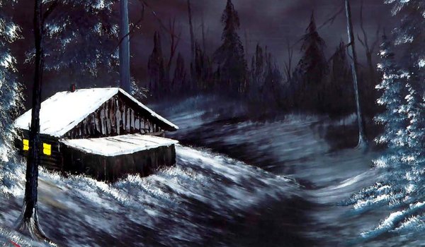 Обои на рабочий стол: Bob Ross, winter night, дом, живопись, зима, избушка, картина, лес, ночь, огонь, окна, пейзаж, свет, снег
