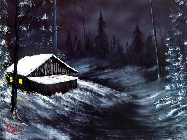 Bob Ross, winter night, дом, живопись, зима, избушка, картина, лес, ночь, огонь, окна, пейзаж, свет, снег