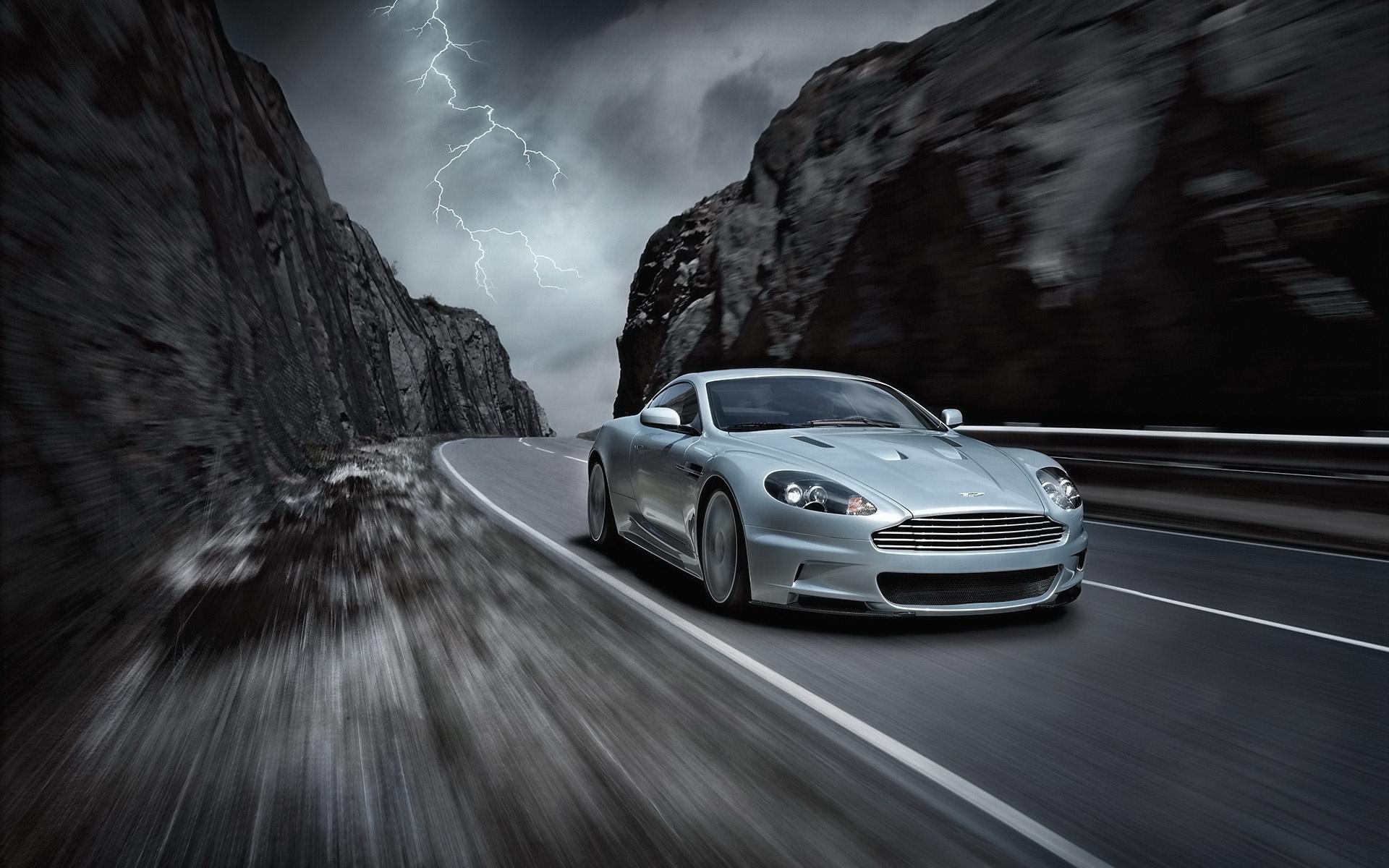 aston martin, астон мартин, горы, дорога, молния, скорость