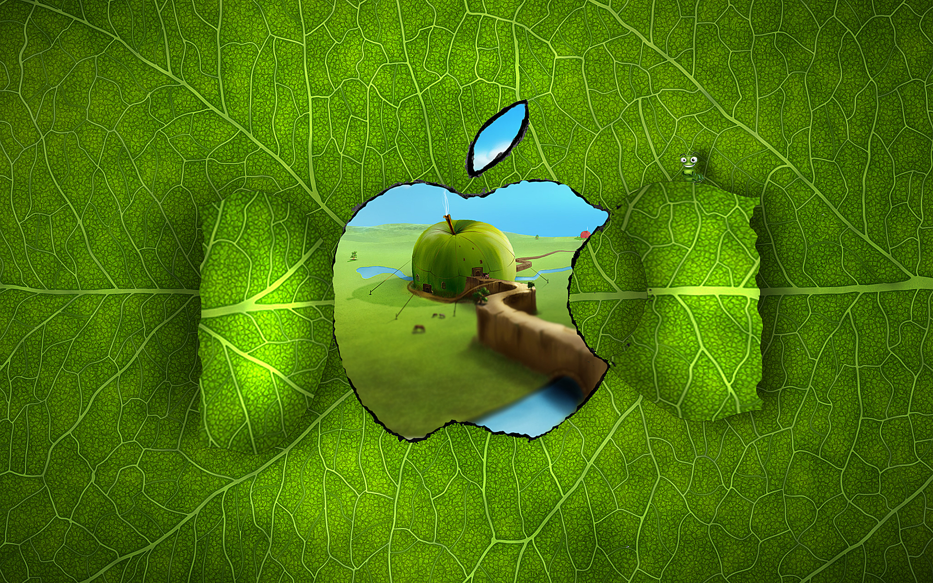 apple, гусеница, дом, зелень, канаты, лист, окно, прожилки, яблоко