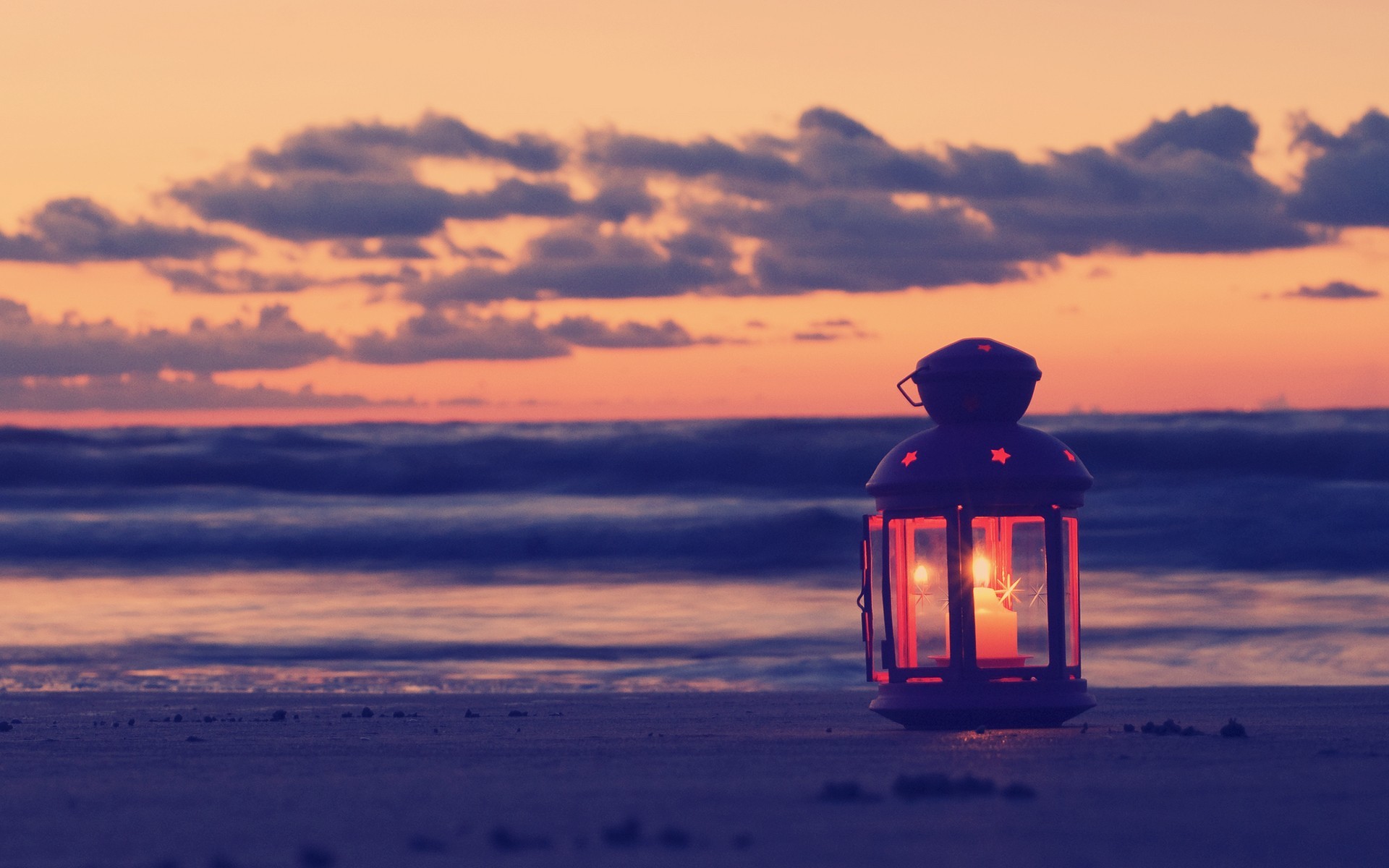 вечер, море, облака, песок, пляж, светильник, свеча