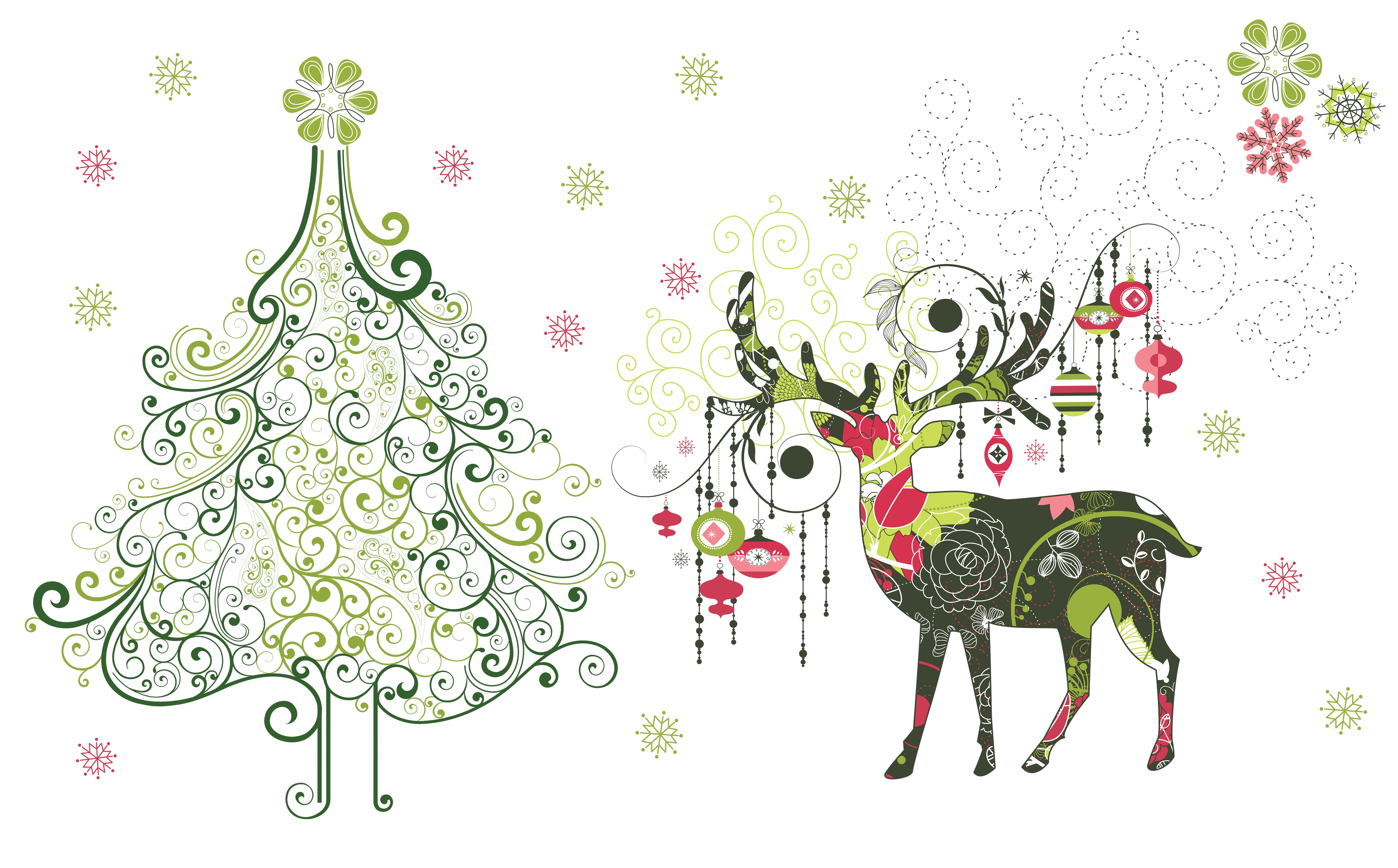 арт, вектор, елочка, игрушки, минимализм, новый год, олень, праздник, снежинки