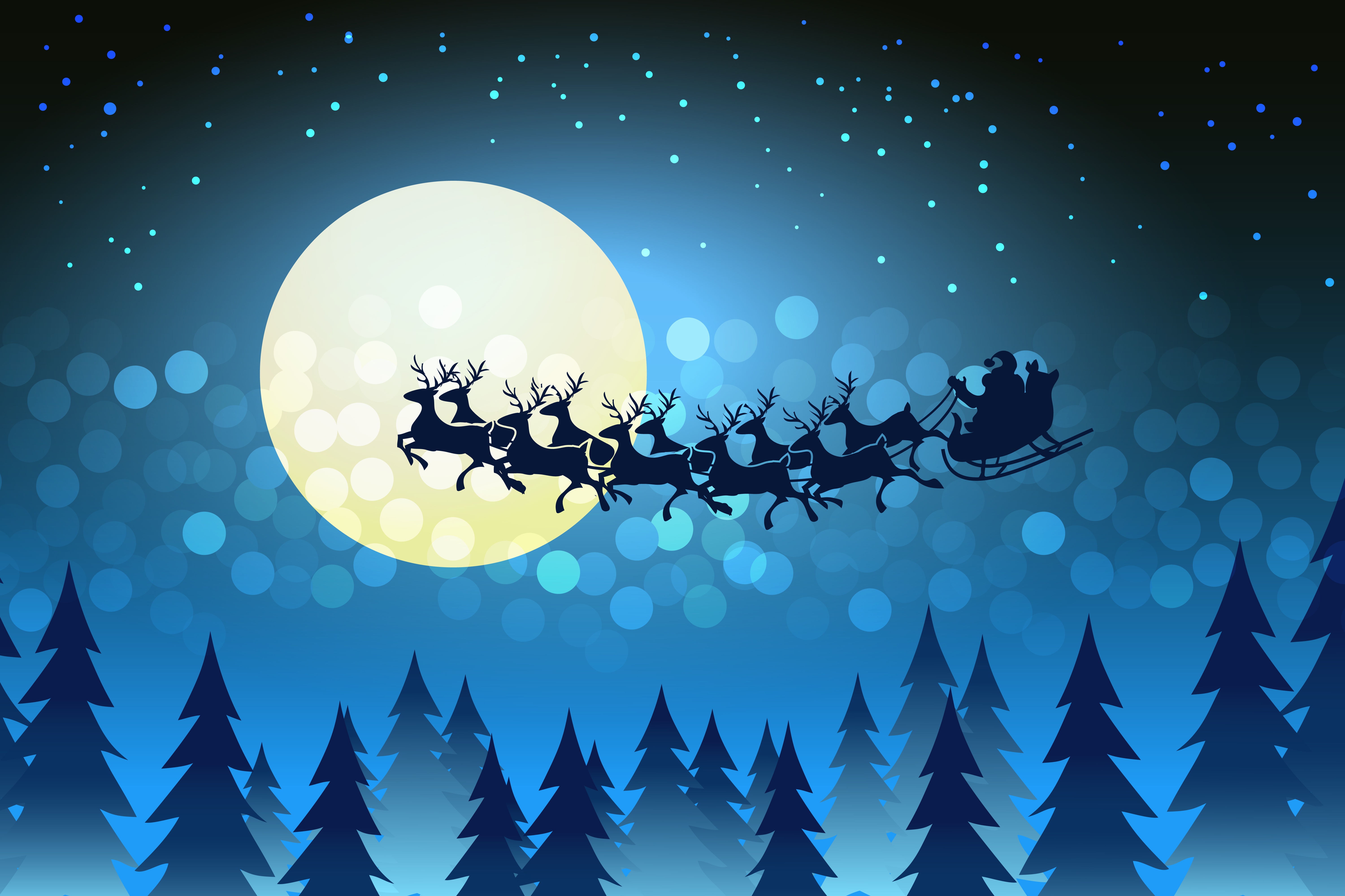 зима, луна, новый год, ночь, олени, Развозит подарки, рождество, сани, санта клаус