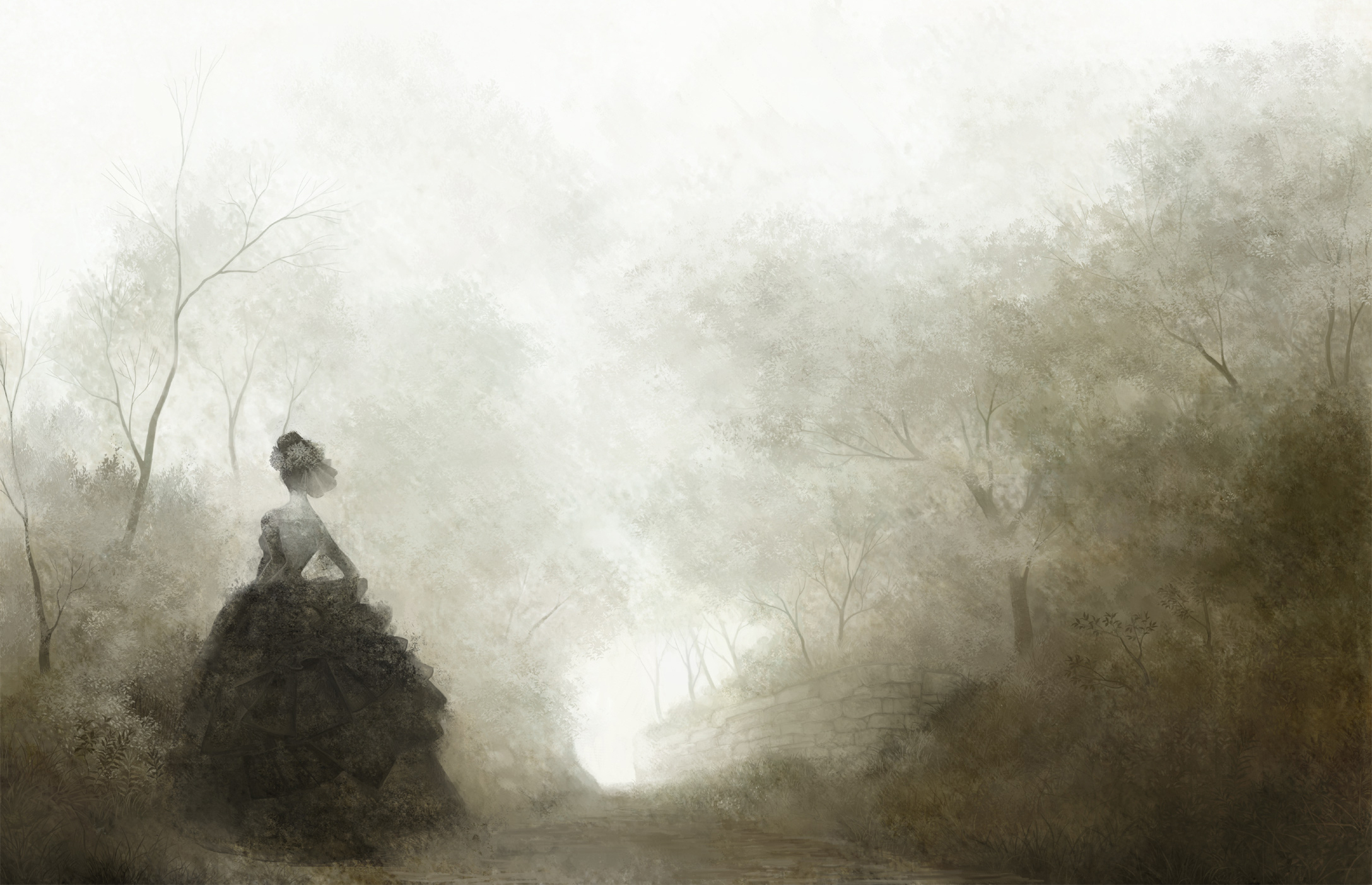 дама, девушка, деревья, дорога, одиночество, пышное платье, туман, черное