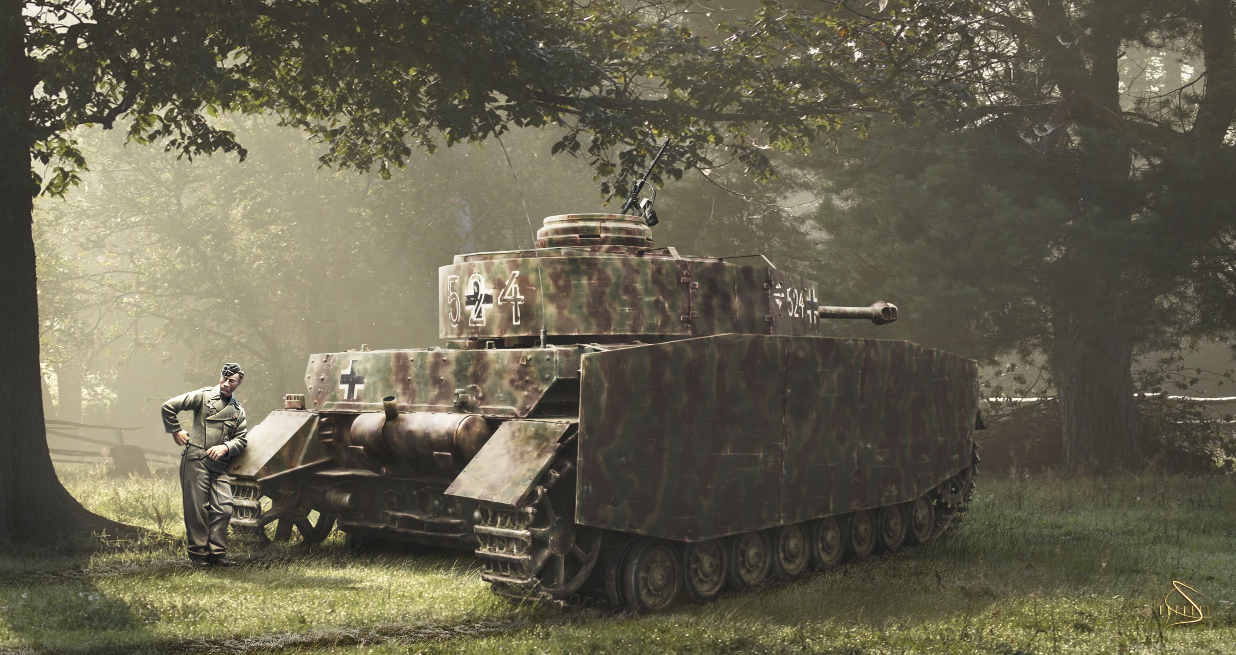 Pz-IV, вермахт, германия, лес, немцы, Рисованное фото, солдат, танк