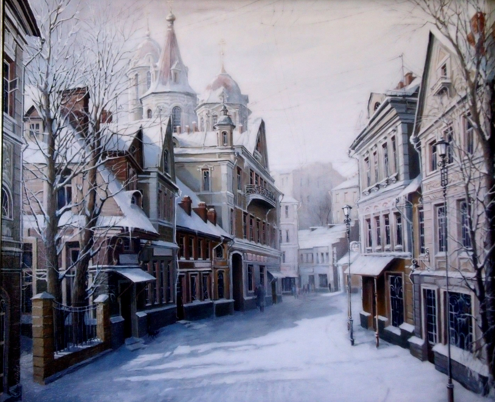 Александр Стародубов, город, деревья, дома, дорога, живопись, зима, картина, снег, фонарь