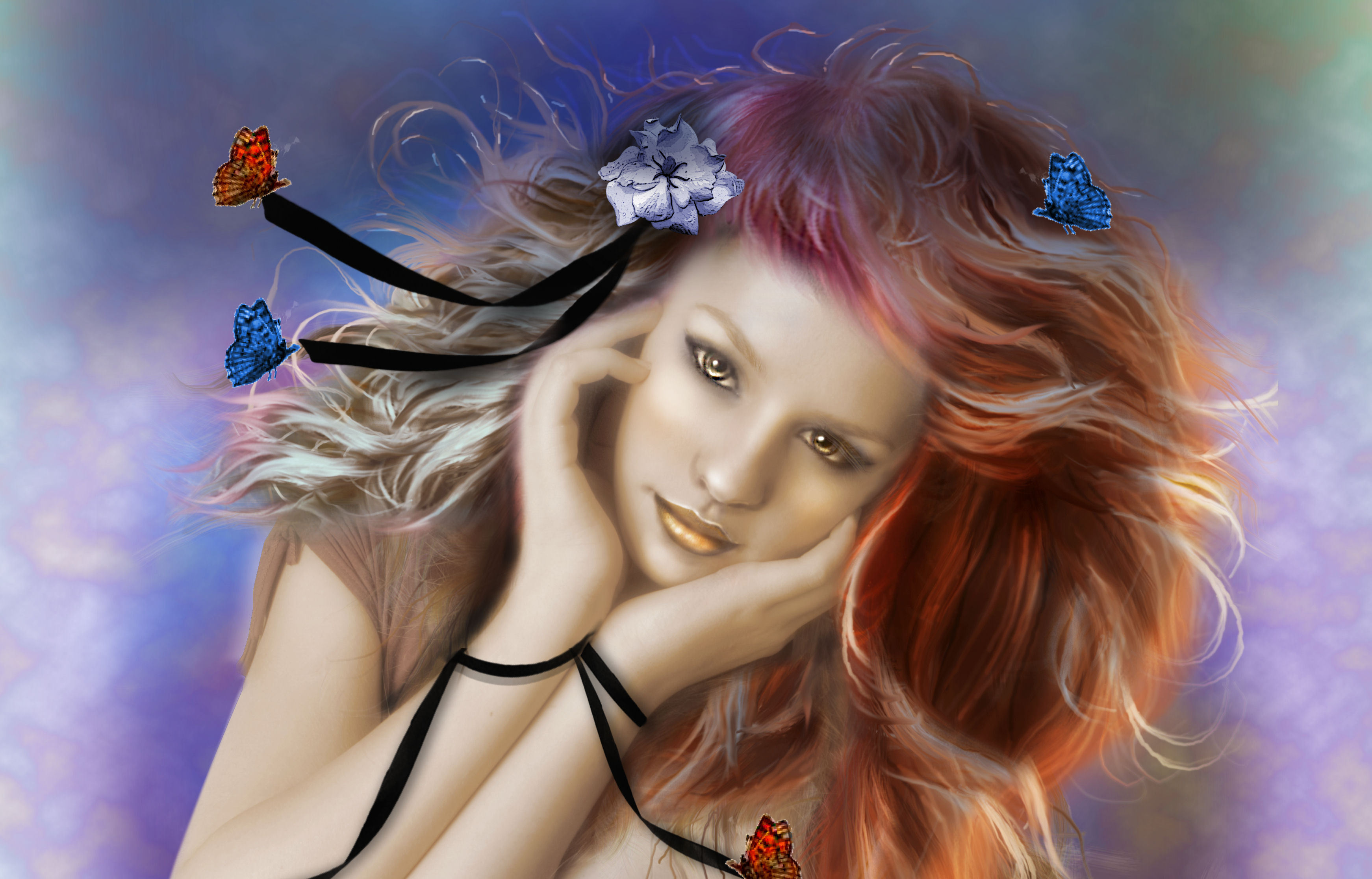арт, бабочки, взгляд, волосы, девушка, живопись, ленточки, лицо, руки, фон, цветок